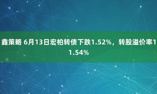 鑫策略 6月13日宏柏转债下跌1.52%，转股溢价率11.54%